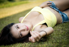 grass, green, cleavage, outdoors, jean shorts, face, asian, sexy wallpaper