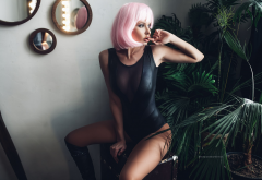 wigs, pink hair, monokini, tanned, boots, sitting, finger on lips, sexy wallpaper