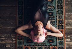 pink hair, monokini, top view, wooden surface, tits, sexy wallpaper