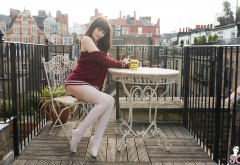 jessica lou, suicide girls, brunette, sweater, knee-highs, bare shoulders, balcony, sexy legs, stockings wallpaper