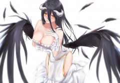 boobs, cleavage, albedo, overlord, anime, black hair, dress, white dress wallpaper