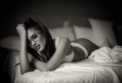 monochrome, smiling, ass, in bed, glasses, pillow, white lingerie wallpaper