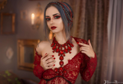 genevieve, witch, valentines day, aphrodite, model, red lingerie, no bra, sexy, handbra, res nails, beads, necklace wallpaper