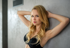 blonde, blue eyes, armpits, black bra, wall wallpaper