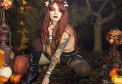 genevieve, model, tattoo, witch, fall, redhead, topless, panties, boots, black panties wallpaper
