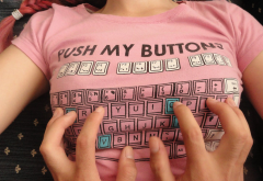 busty, keyboard, t-shirt, push my buttons, sexy wallpaper