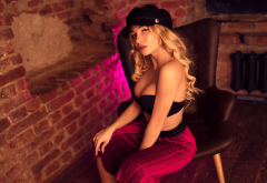 galina karmanova, blonde, sitting, chair, bricks, wavy hair wallpaper