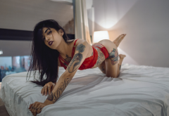 tattoo, brunette, in bed, red lingerie, ass, eyeliner wallpaper