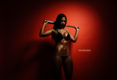 tami rivera , tanned, black bikini, belly, red background, baseball bat, oiled, hot wallpaper