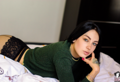 anastasiafoggy, suicide girls, tattoo, model, ass, in bed, black hair, green eyes wallpaper