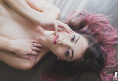 satin suicide, suicide girls, model, face, strategic covering, long hair, dyed hair wallpaper