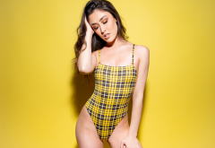 yellow background, brunette, portrait, one-piece swimsuit, swimsuit wallpaper