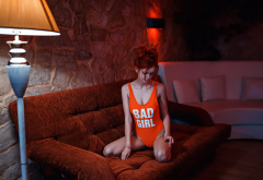 redhead, cameltoe, kneeling, monokini, lamp, couch, sexy, bad girl wallpaper
