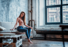 fia meos, boobs, tits, sitting, couch, jeans, window, torn jeans, topless wallpaper