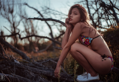 model, asian, bikini, swimwear, squatting, sneakers, sexy wallpaper