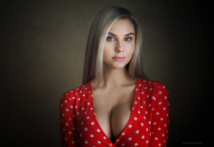 model, blonde, portrait, polka dot, blouse, busty, big tits, boobs wallpaper