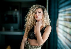 model, blonde, curly hair, bra, black bra, sexy wallpaper