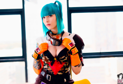 deliirium suicide, suicide girls, dyed hair, cosplay, tattoo, bulma, blue hair, busty wallpaper