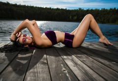 swimwear, pier, water, brunette, outdoors, sunglasses, lake wallpaper