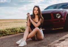 sitting, sneakers, road, jeans shorts, sunglasses, cars wallpaper