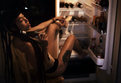 fridge, closed eyes, model, asian, bottles, tattoo, legs wallpaper