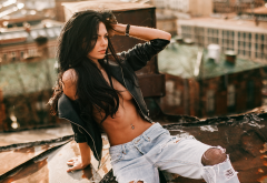 rooftops, model, black hair, jeans, tanned, topless wallpaper