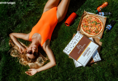model, swimwear, one-piece swimsuit, smiling, sunglasses, orange swimsuit, grass, pizza wallpaper