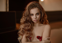 naked, strategic covering, portrait, brunette, red petals, tits wallpaper