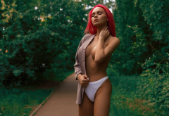 topless, redhead, white panties, panties, tanned, tits wallpaper