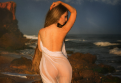 ass, beach, sea, see-through, back, brunette, tanned, sexy wallpaper