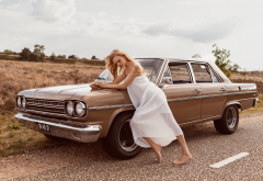 daphne marleen laan, retro car, girl, white dress, blonde wallpaper
