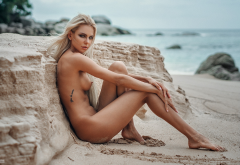 sexy, blonde, beach, sea, tits, tanned, nipples, legs, boobs wallpaper