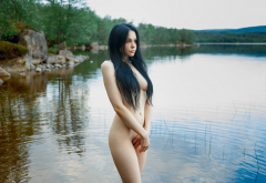 naked, boobs, hair covering boobs, river, water, belly, nose ring, black hair, shaved wallpaper