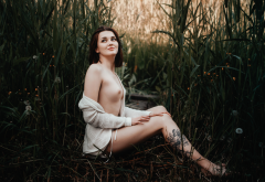 sitting, boobs, tits, nipples, smiling, tattoo, dandelions wallpaper