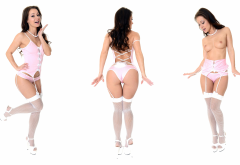melisa mendini, collage, brunette, ass, white stockings, suspenders, pink panties, tits, boobs, beads wallpaper