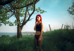 redhead, skinny, outdoors, trees, flat belly, sea, fishnet, tank top, see-through wallpaper