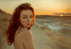 katya, redhead, sexy, face, sea, beach, sunset wallpaper