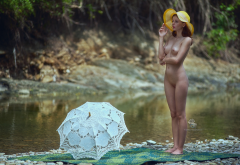 naked, girl, perfect, tits, nipples, shaved pussy, pussy, hat, beach, river, umbrella wallpaper