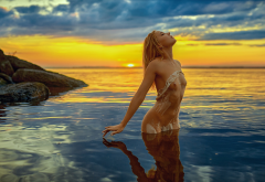 blonde, naked, wet, sea, sunset, beach, small tits, nipples wallpaper