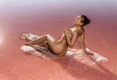 salt lake, pink lake, naked, tanned, wet, legs, sexy, brunette wallpaper