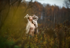 disha shemetova, tits, forest, autumn, coat, nipples wallpaper